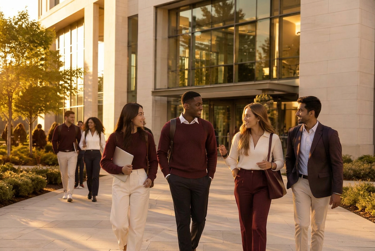 Visuel d'illustration : un groupe d'étudiants marchant et discutant devant un bâtiment de campus